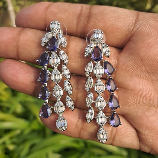 Silver Plated American Diamond Necklace Sets With Purple Stone