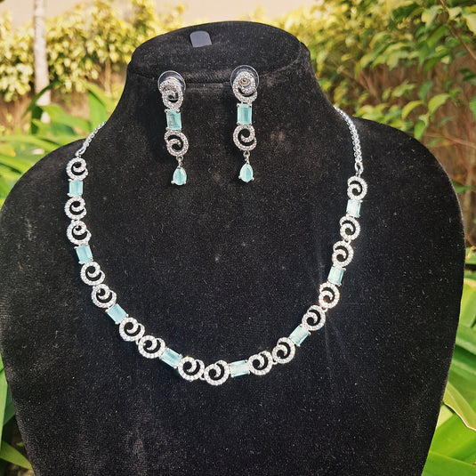 Silver Plated American Diamond Necklace Sets With Aqua Green Stone