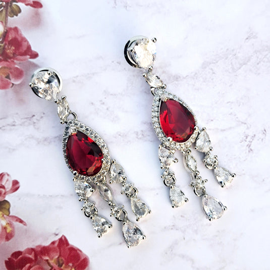 Red Stone with American Diamond studded contemporary drop earrings