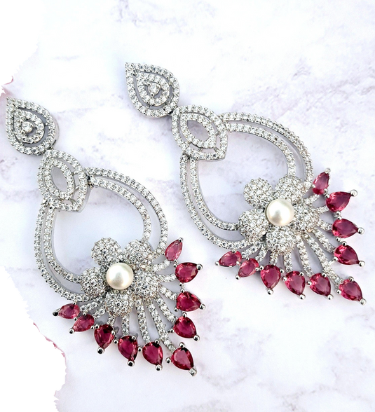 Pink American Diamond Studded Crystal Brass Drops & Danglers