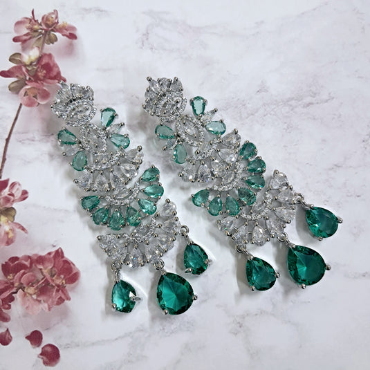 Aqua Green American Diamond Studded Crystal Brass Drops & Danglers