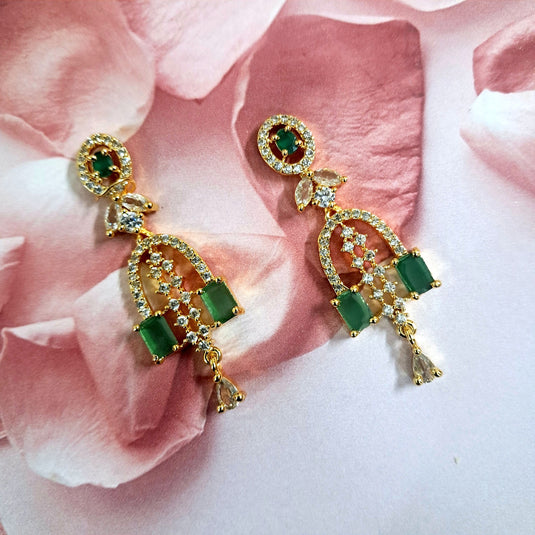 Gold Plated Green Stone with American Diamond Earring