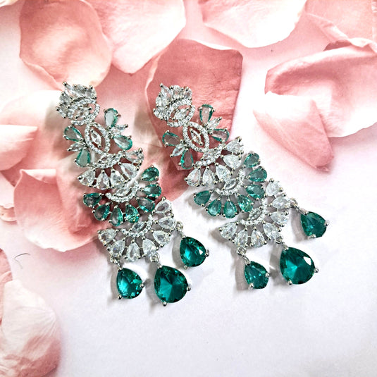 Aqua Green American Diamond Studded Crystal Brass Drops & Danglers