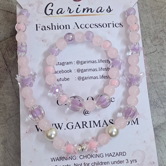 Purple Pink Glass Beads Necklace and Bracelet Set for Girls