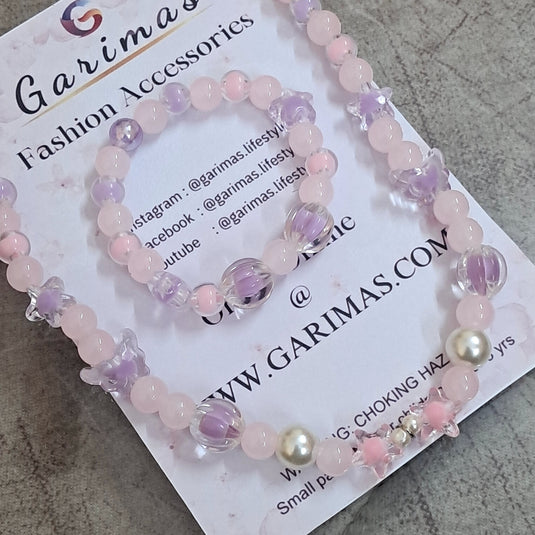Purple Pink Glass Beads Necklace and Bracelet Set for Girls