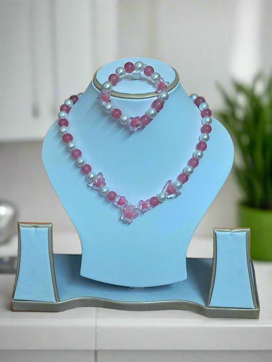 Pink Pearl Beads Necklace and Bracelet Set for Girls
