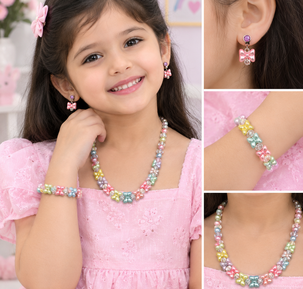 A young girl wearing a matching multicolor GARIMAS  jewelry set consisting of a beaded necklace, bracelet, and bow-shaped stud earrings. The collage shows the girl wearing the set, with close-up panels highlighting the necklace, bracelet, and earring details.