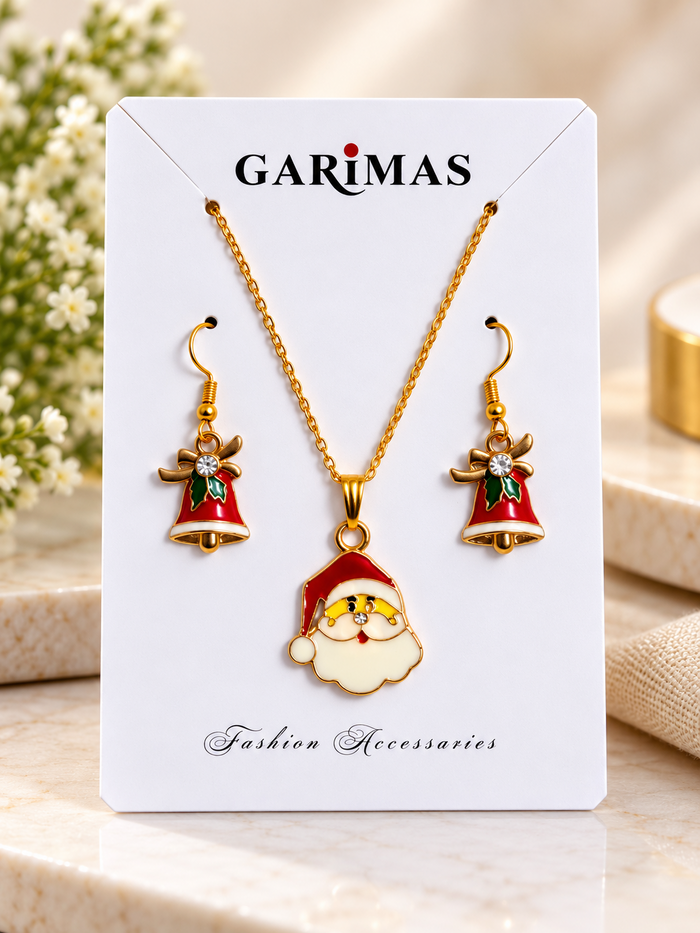 GARIMAS Santa face pendant necklace with matching red Christmas bell earrings