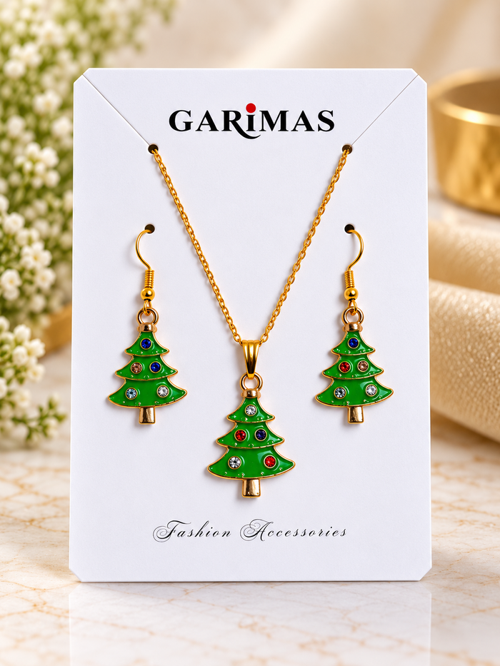 GARIMAS green Christmas tree pendant and matching multicolour stone earrings