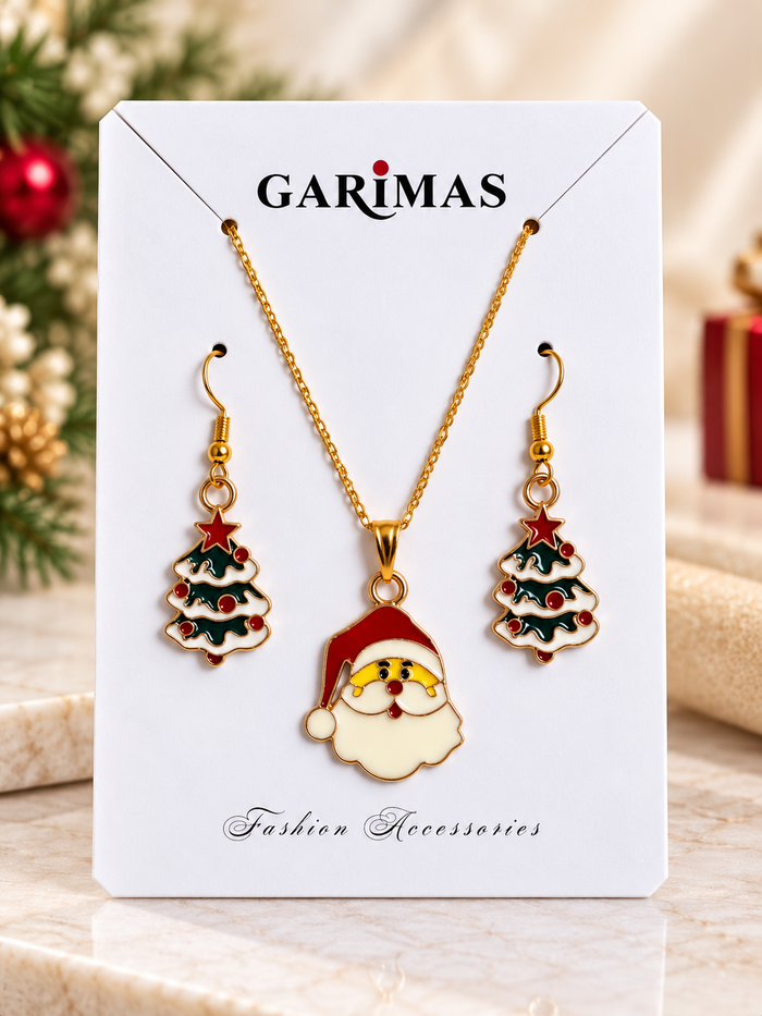 GARIMAS Santa pendant necklace with red star and green Christmas tree earrings