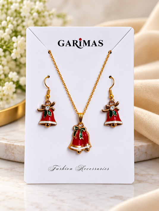 GARIMAS red Christmas bell pendant necklace and matching bell earrings set