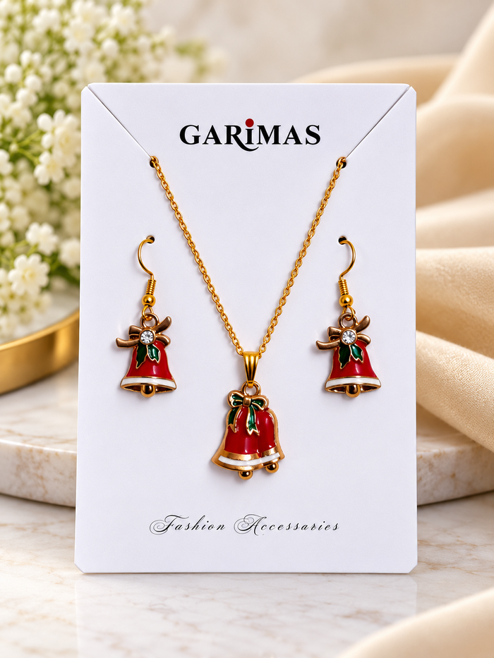 GARIMAS red Christmas bell pendant necklace and matching bell earrings set