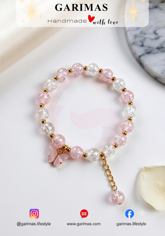 Sparkle Glass Beads Tassel Bracelet With Cute Enamel Butterfly Charm