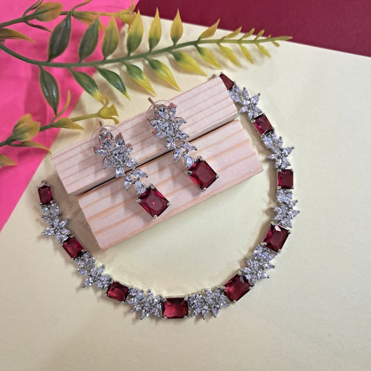 Silver Plated American Diamond Necklace Sets With Red Stone