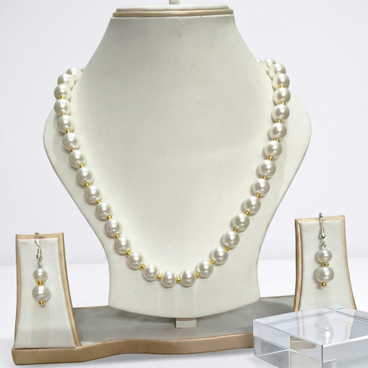 Necklace Set with Pearls and Golden Metallic Beads with Earring