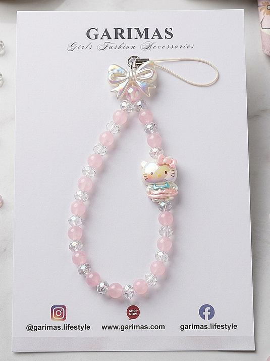 Pink Hello Kitty mobile charm features a beaded wrist strap adorned with an iridescent bow