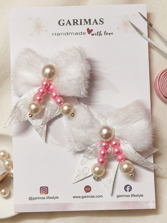 White Hair Clip Set for Girls Adorable Bow and Flower Designs Hair Pin Soft with Pearl Beads, Lightweight, and Stylish for Party