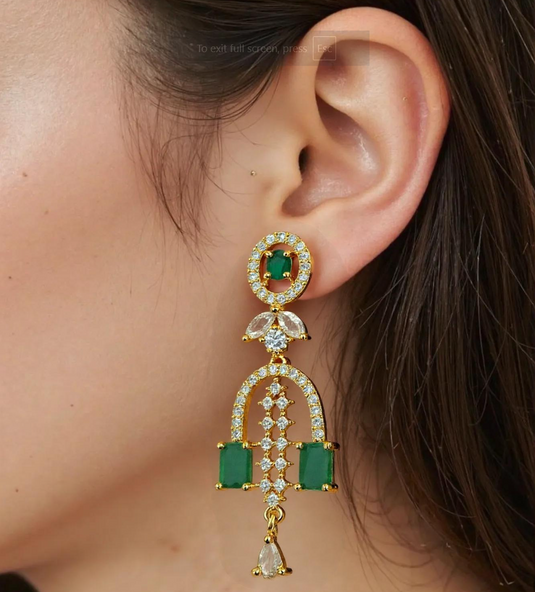 Gold Plated Green Stone with American Diamond Earring