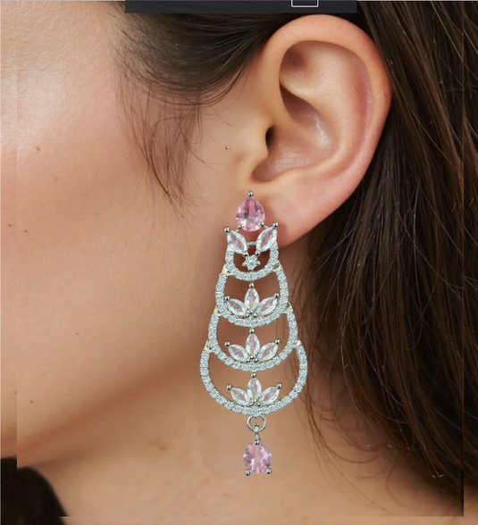 Aqua Pink Stone with American Diamond Earring