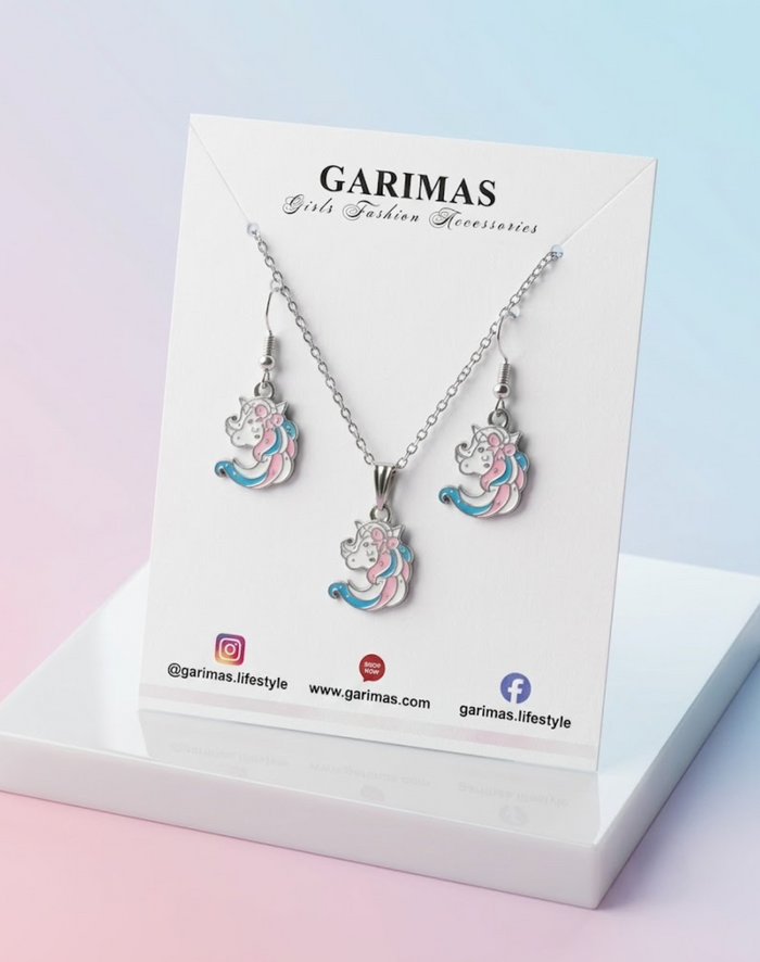 Unicorn pendant and earring set for girls with a silver-colour chain by GARIMAS.