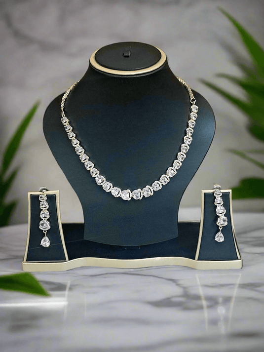 Rose Gold Plated  American Diamond Necklace Sets With White Stone