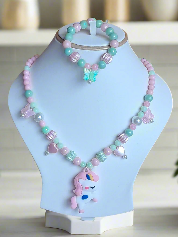 Green and Pink Beads Necklace and Bracelet Set for Girls | GARIMAS