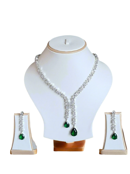 Silver Plated American Diamond Necklace Sets With Green Stone