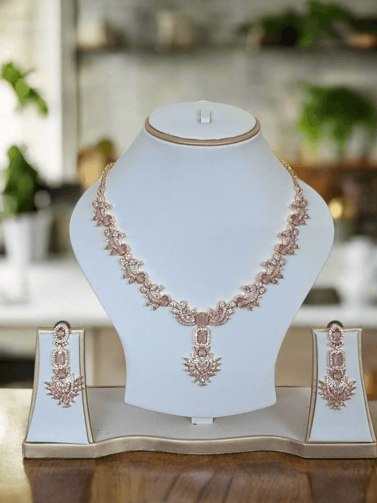 Rose Gold Plated  American Diamond Necklace Sets With Pink Stone