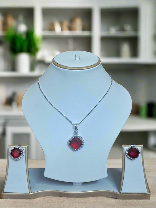 Rhodium-Plated Ruby & CZ Studded Pendant Necklace Set