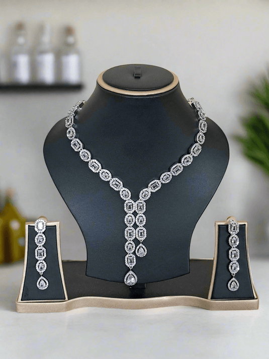 Silver Plated  American Diamond Necklace Sets With White Stone
