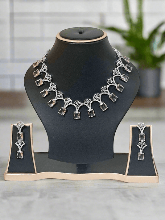 Silver Plated American Diamond Necklace Sets With Aqua Pink Stone