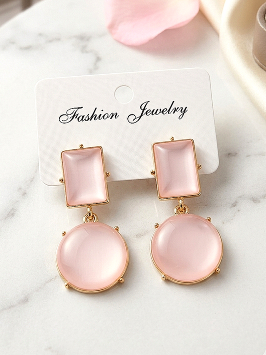 GARIMAS blush pink geometric drop earrings with rectangular tops and round drops