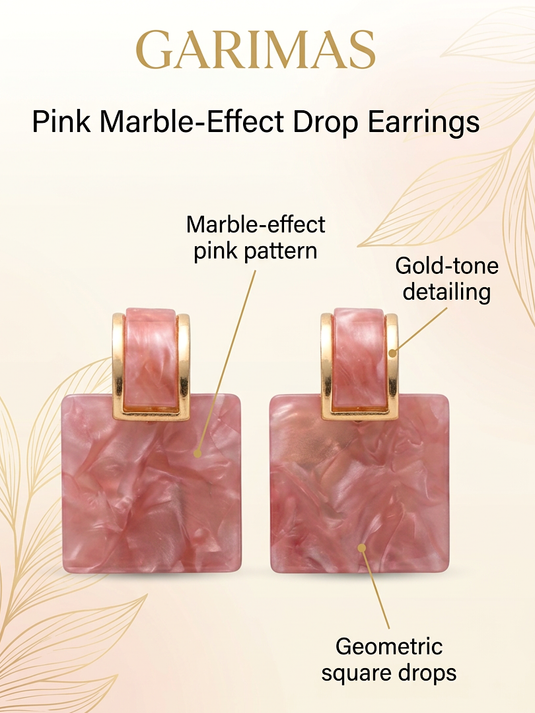 GARIMAS infographic highlighting the pink marble-effect square drop earrings and gold-tone tops.