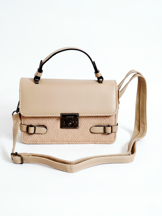 GARIMAS cream beige faux leather satchel handbag on a matte white background