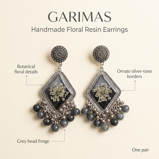GARIMAS handmade floral resin earrings infographic