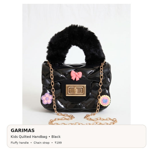 GARIMAS black kids handbag infographic with colour, key features and ₹199 price