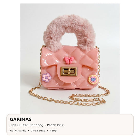 GARIMAS peach pink kids handbag infographic with colour, key features and ₹199 price