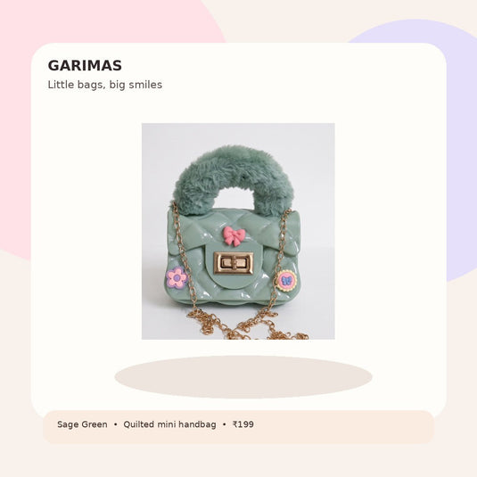 GARIMAS sage green kids handbag on a playful pastel lifestyle-style promotional background