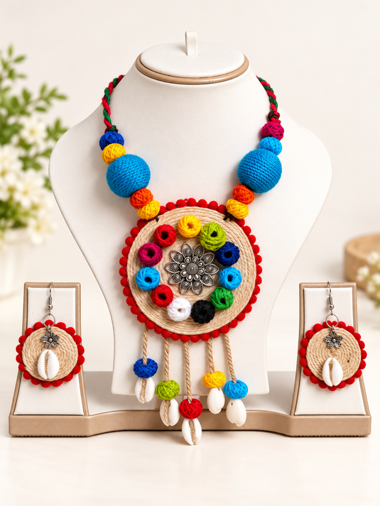 GARIMAS multicolour jute statement necklace with thread-wrapped beads, shell drops and matching earrings