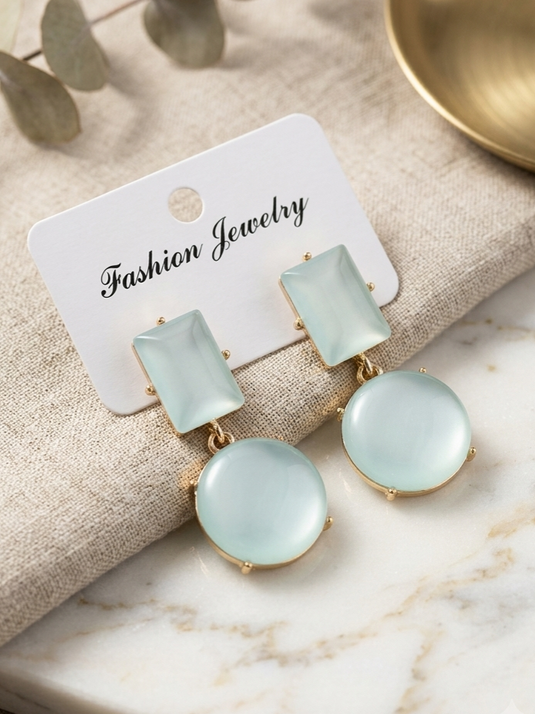GARIMAS mint green geometric drop earrings with rectangular tops and round drops