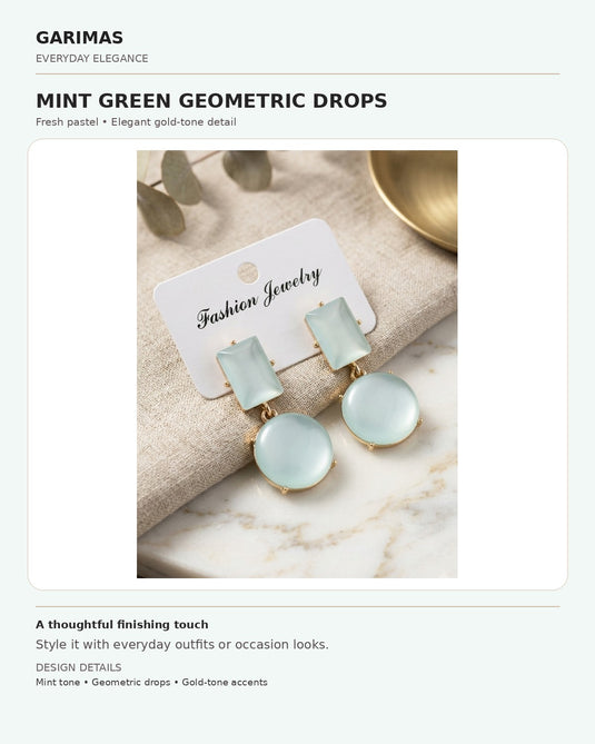 GARIMAS infographic showing mint green geometric drop earrings with round drops and gold-tone accents