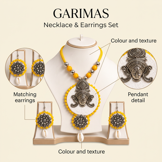 GARIMAS Yellow Bead Traditional Necklace Set with Silver Tone Pendant