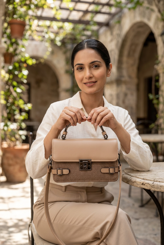 Tan & Brown Textured Top-Handle Handbag