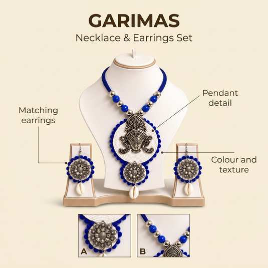 GARIMAS Royal Blue Tribal Necklace Set with Silver Tone Pendant