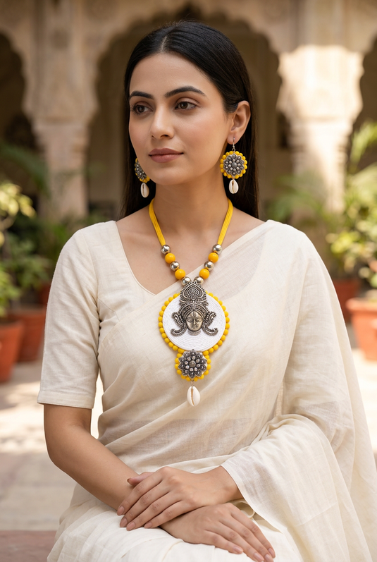 GARIMAS Yellow Bead Traditional Necklace Set with Silver Tone Pendant