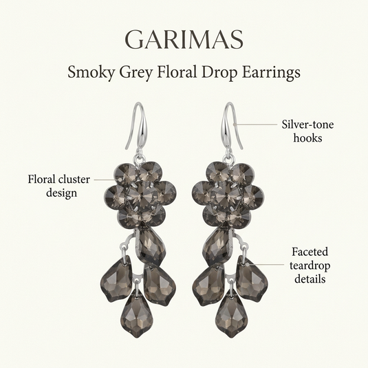 GARIMAS infographic highlighting floral clusters, faceted teardrop details and silver-tone hooks on smoky grey earrings.