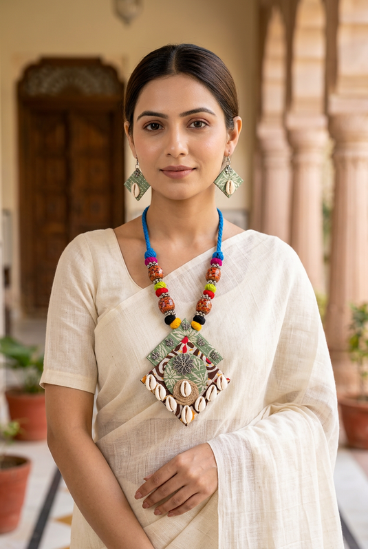 Indian woman wearing GARIMAS colourful bead and cowrie shell necklace with matching earrings