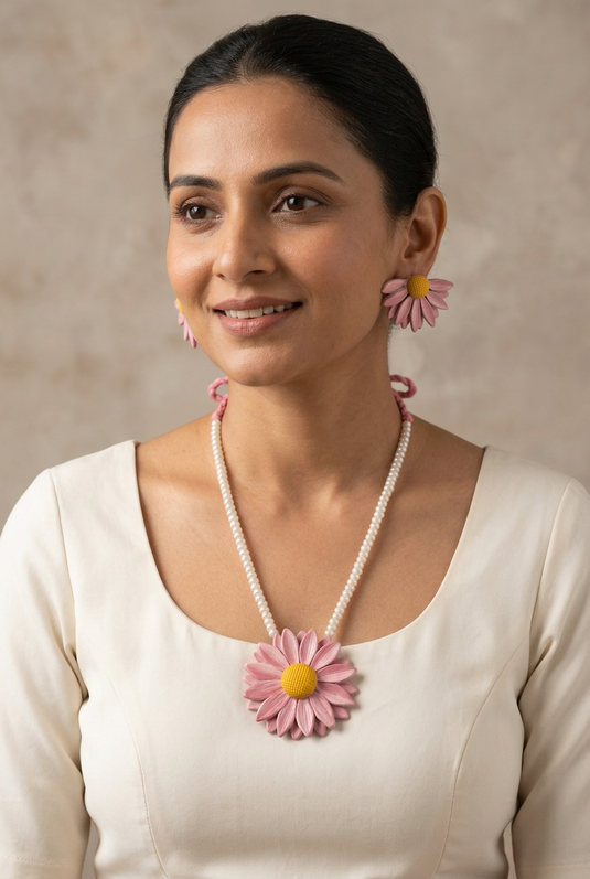 GARIMAS handmade pink daisy clay necklace and matching earrings with yellow centres, worn with an ivory blouse.