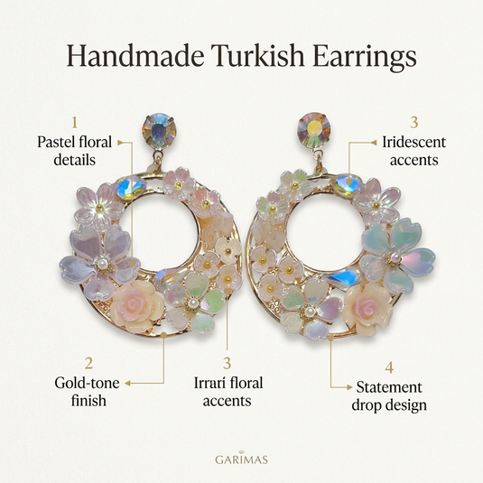 GARIMAS infographic highlighting pastel floral details, gold-tone finish and iridescent accents of handmade Turkish earrings.