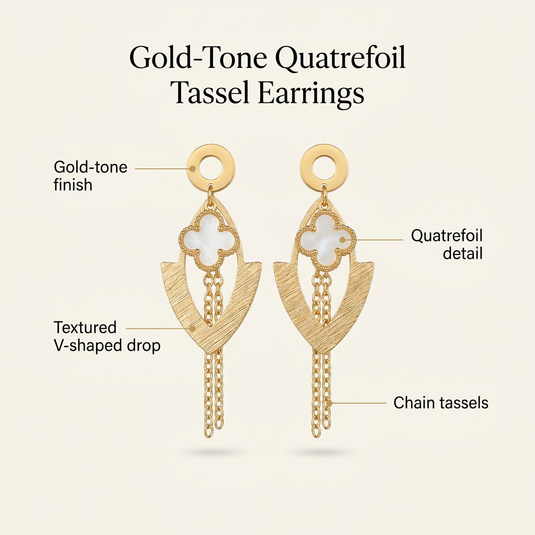 Infographic highlighting the gold-tone finish, quatrefoil detail, textured V-shaped drops and chain tassels